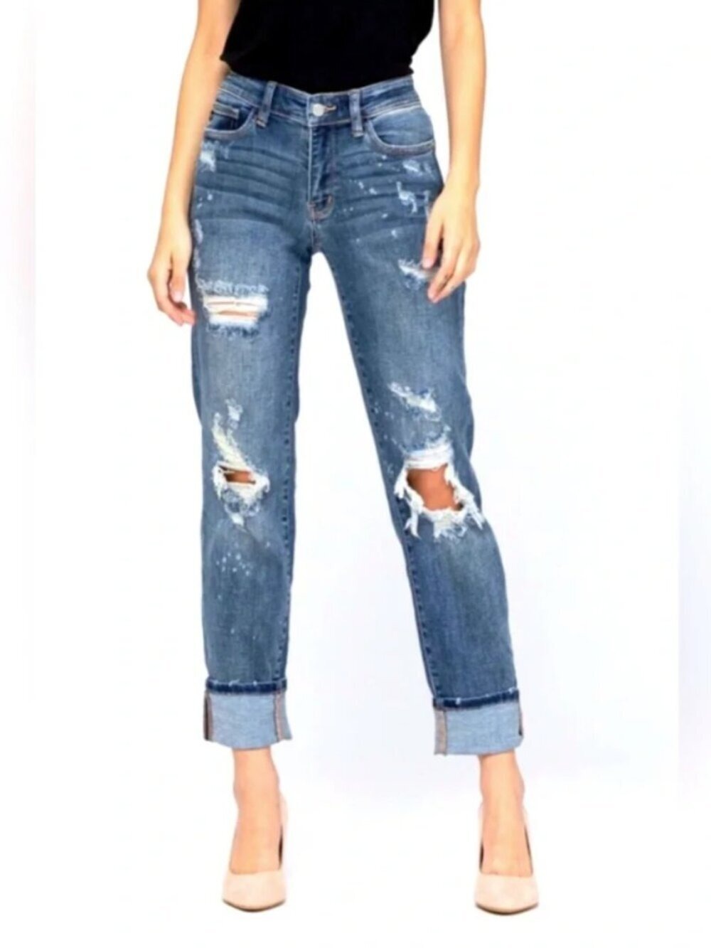 Judy Blue Boyfriend Fit Medium Wash Distressed Denim Jeans Size 5/27